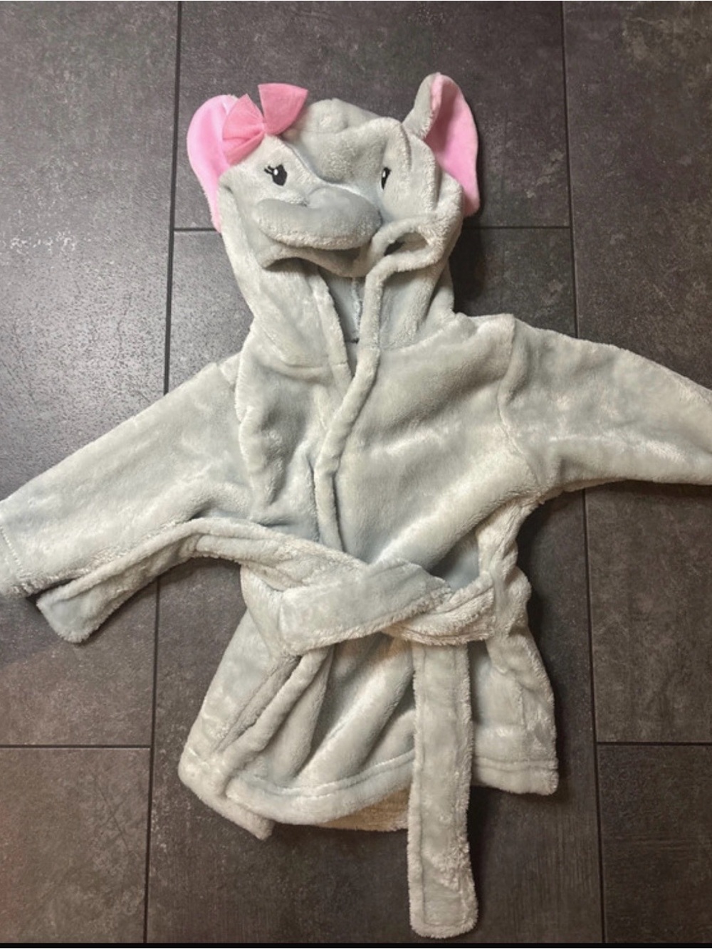Gray Plush Elephant Hooded Kids Robe with Pink Accents